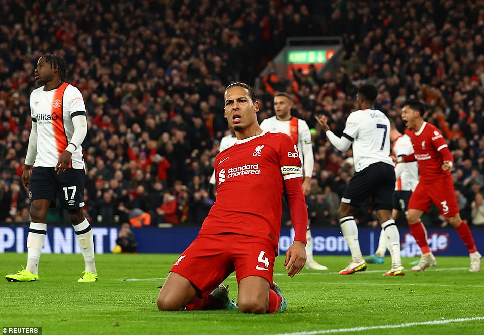 Virgil van Dijk drew the Reds level in the second half with a bullet header after Ogbene gave Luton Town a shock lead