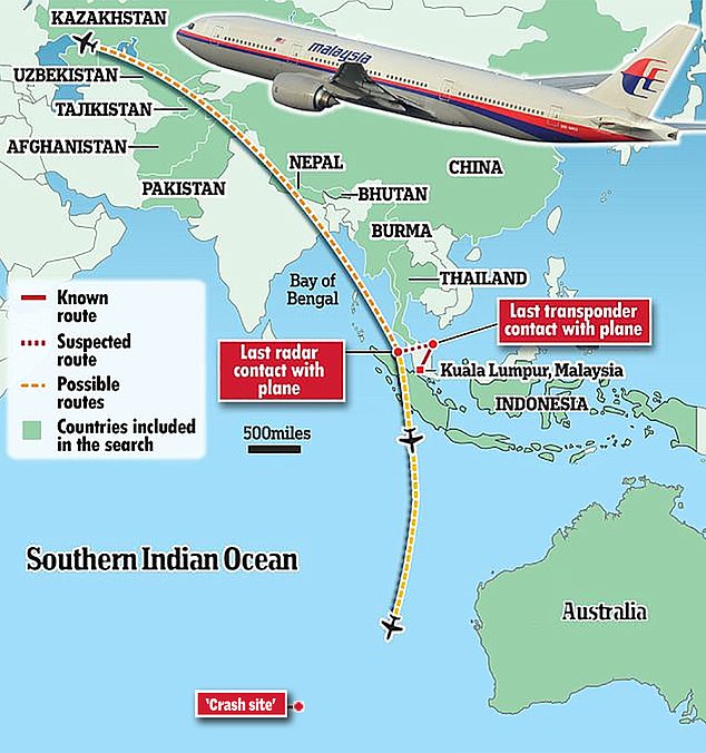 A map is shown where Malaysia Airlines flight MH370 may have flown and landed