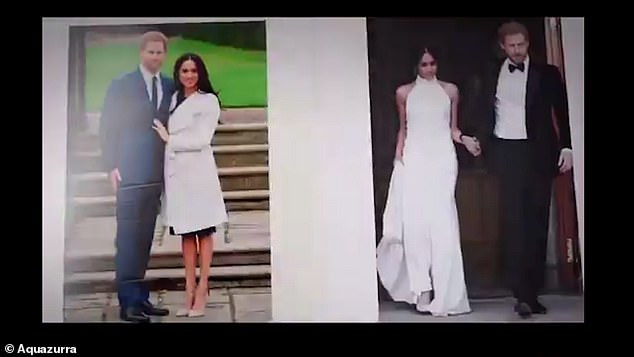 The ad campaign features the Duke and Duchess of Sussex during their engagement shoot and wedding reception, where Meghan wore Aquazzura designs