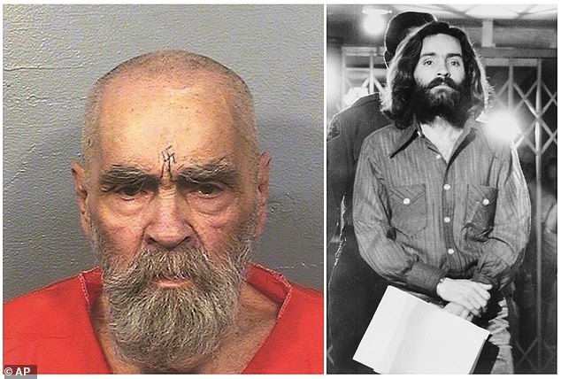 Charles Manson (pictured left in 2017) died in 2017 in prison, where he was serving a life sentence for the brutal murder of nine LA residents in 1969 (pictured in 1969 right)