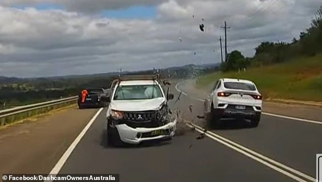 Terrifying dashcam footage captured the moment a car crashed into a sedan (pictured) in Sydney's south on Wednesday