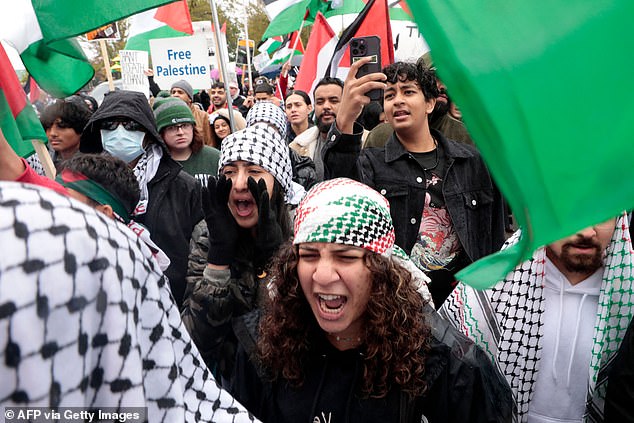 People demonstrate in support of Palestinians in Dearborn, Michigan, on October 14, 2023