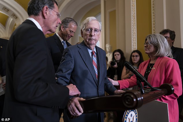 McConnell suddenly stopped talking and fellow senators had to help him walk away from the stage during his news conference at the Capitol on July 26, 2023