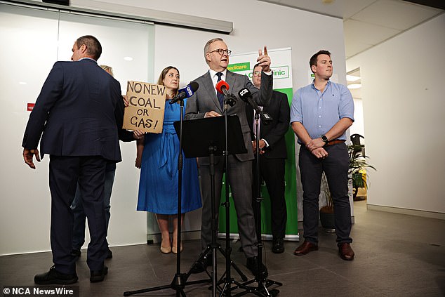 Prime Minister Anthony Albanese's press conference was disrupted by protesters on NSW's central coast, but he appeared unfazed