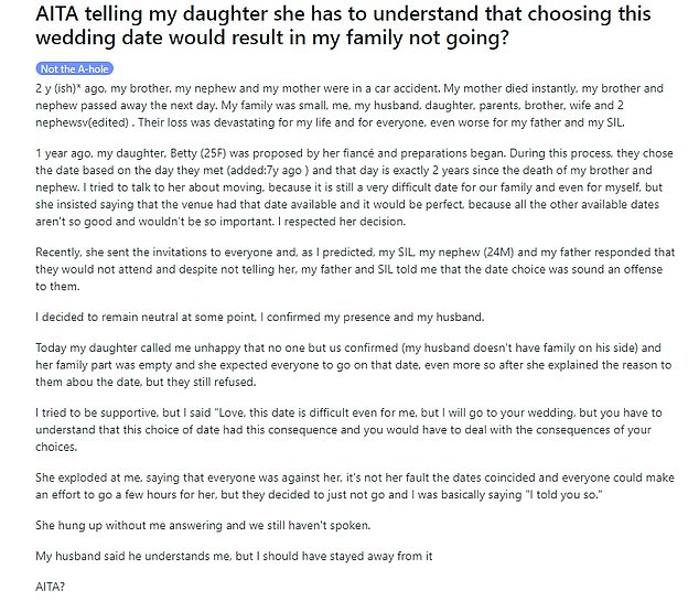 The unnamed mother, believed to be from the US, took to Reddit to explain the latest feud between her and her 25-year-old daughter Betty, who will soon tie the knot with her fiancé.