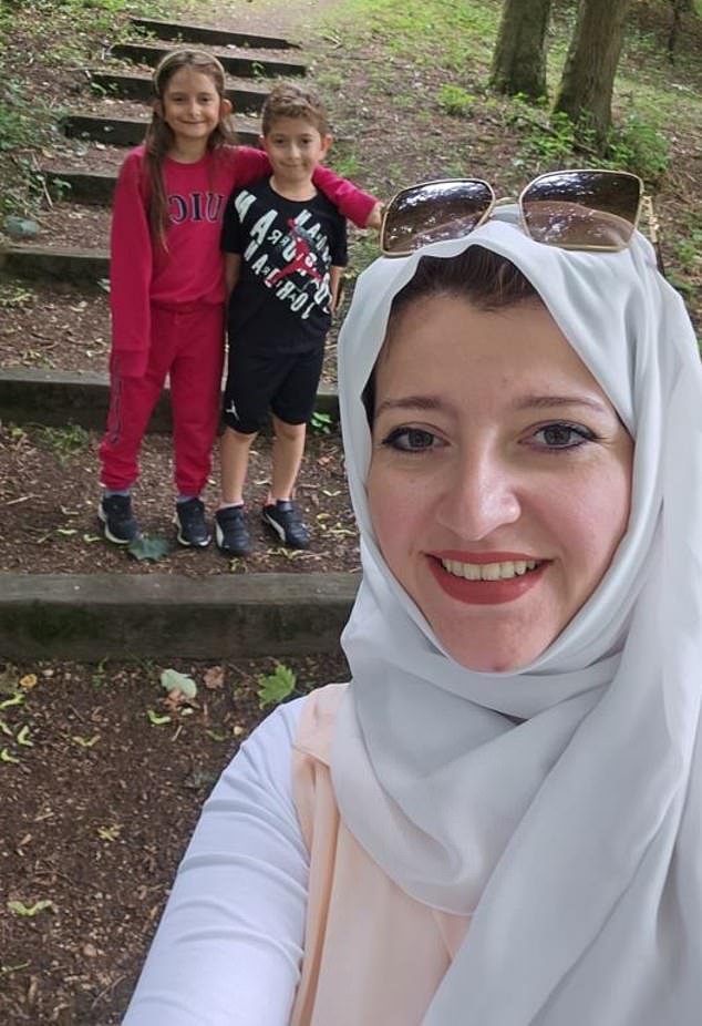 Alaa Azzam (front photo) with her two children Kefah, 10, and Kamal, eight