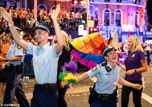 NSW Police have not been invited to a Mardi Gras march for the first time in two decades after one of their officers, Beaumont Lamarre-Condon (pictured left at Mardi Gras in 2020), allegedly murdered a gay couple