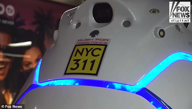 The robot can capture video footage but not audio, and features a button that allows members of the public to contact a member of the police force to report an emergency or ask questions