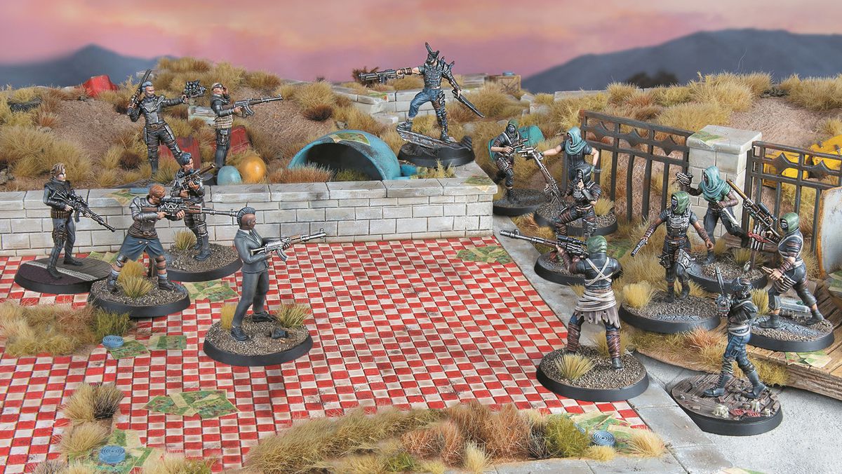 Two even larger groups of miniatures get to work in the wasteland.  There is a large courtyard with red and white tiles underfoot, and lots of bushes in the distance.