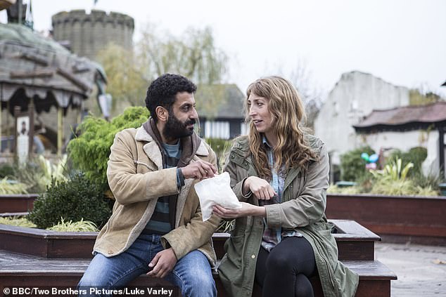 Fool Me Once star Adeel Akhtar (Billy) pictured starring Daisy Haggard (Miri) in her sitcom Back To Life