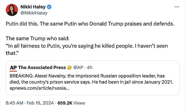 Haley, Trump's latest rival for the 2024 Republican presidential nomination, shared a 2015 quote from the ex-president casting doubt on allegations that Putin had journalists killed