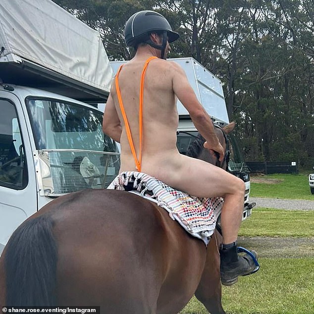 Australian equestrian legend Shane Rose has had his Olympic Games hopes in limbo after he was filmed riding a horse in a mankini at an event on February 11 (pictured)