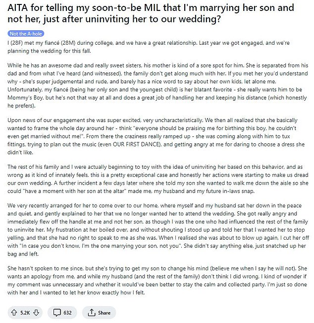 A woman took to Reddit to wonder if she was wrong for not inviting her fiancé's mother to her upcoming wedding — and ended the conversation with a snarky comment