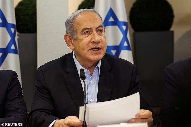 Benjamin Netanyahu speaks during the weekly cabinet meeting at the Ministry of Defense in Tel Aviv, Israel, January 7, 2024