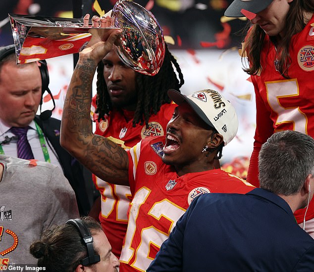 Chiefs wide receiver Mecole Hardman (12) apparently didn't know he had won the Super Bowl