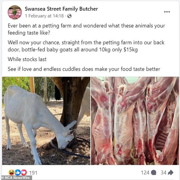 Swansea Street Family Butcher has sparked controversy with a recent post saying it gets its goats 'straight from the petting zoo'.  Image: Facebook/supplied.