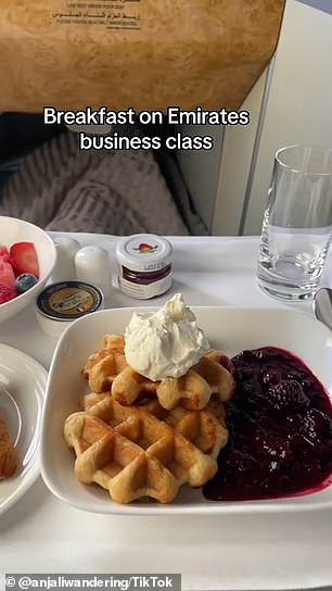 TikToker @anjaliwandering took a Business Class flight with Emirates and documented everything she ate while flying in luxury