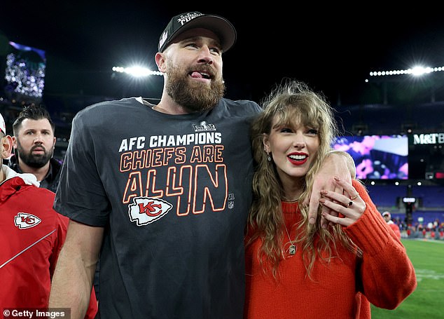 Taylor Swift, 34, (right) has continued preparations for her concert at the MCG in Melbourne on Friday, despite the horrific events that unfolded in Kansas City, which saw boyfriend Travis Kelce, 34, (left) caught in a shooting shock mass