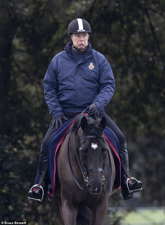 Prince Andrew appeared somber today as he embarked on a solo drive around the Windsor Estate