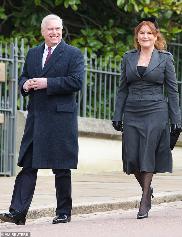 Pictured: Prince Andrew appeared cheerful today as he arrived at King Constantine's memorial service in Windsor