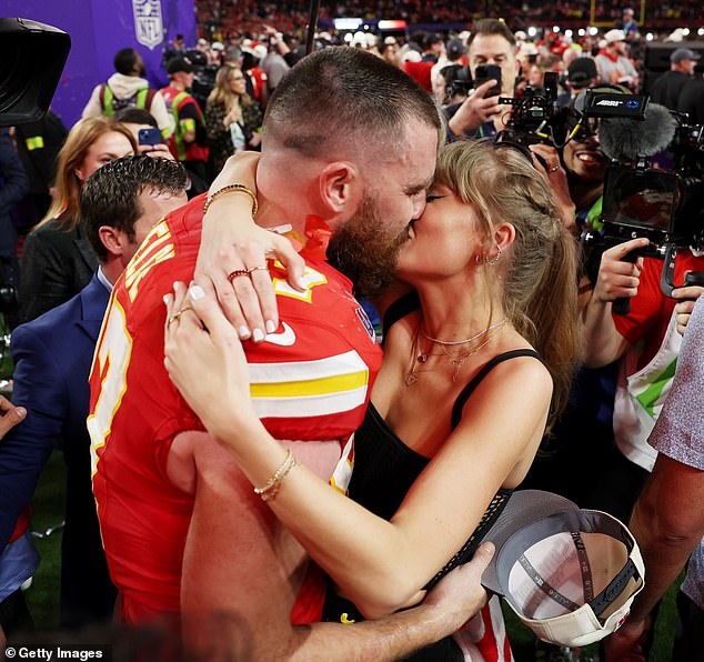 Taylor Swift appeared nearly in tears as she watched the Chiefs beat the San Francisco 49ers 25-22 in Sin City before sharing several kisses with her boyfriend Travis Kelce