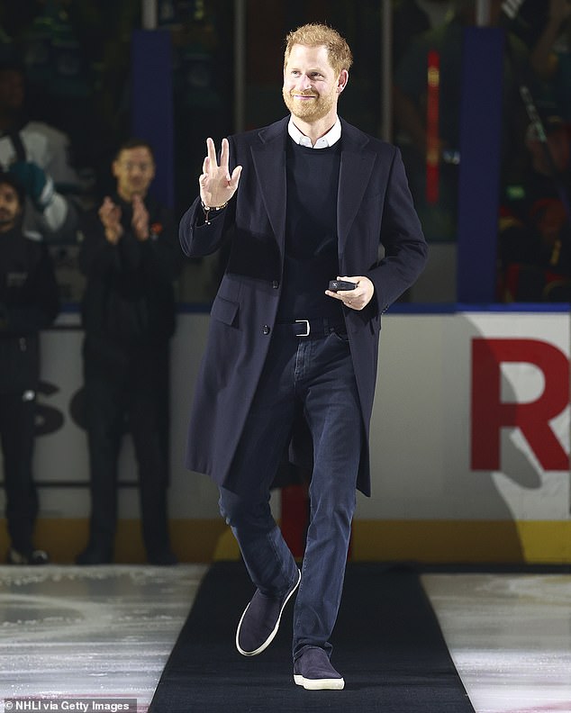 Prince Harry, Duke of Sussex walks onto the ice before the Vancouver Canucks take on the San Jose Sharks in an NHL game at Rogers Arena on November 20, 2023