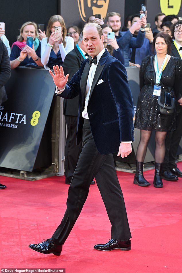 The Prince opted for a navy blue velvet tuxedo jacket, bow tie and patent black brogues for the most glamorous evening on the British film calendar