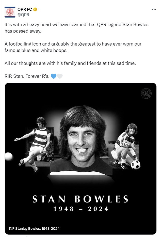 QPR confirmed the news of Bowles' death on Saturday via a message on their official account on X