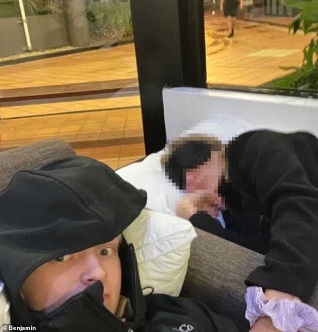 The couple's one-night stay at the four-star North Quay Park Regis Hotel turned out to be a disaster (pictured sleeping together in the lobby)