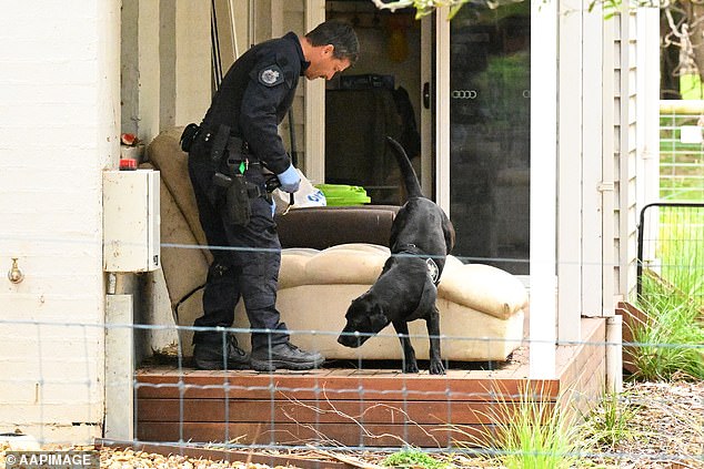 On November 2, a police officer and a technology sniffer dog are seen at Patterson's home