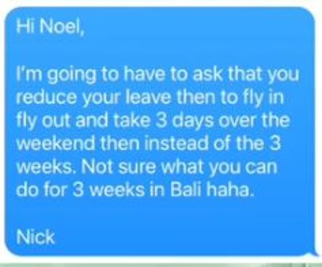 The first message is from Nick, telling Noel that his leave has been canceled as he needs all hands on deck as they try to replace a staff member who has just resigned