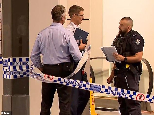 Police are searching for a man who allegedly stabbed and killed a 70-year-old grandmother in front of her granddaughter, 6, at a Brisbane shopping center (pictured, police on scene)