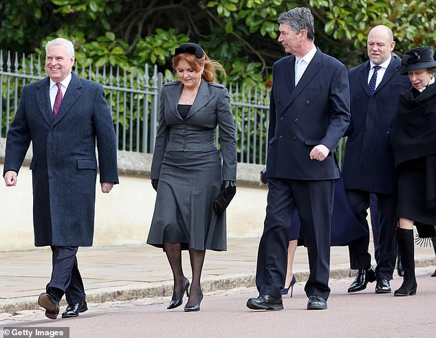 Leading the way: Eyebrows were raised as Prince Andrew walked ahead of other royal mourners at the late King Constantine's memorial service on Tuesday