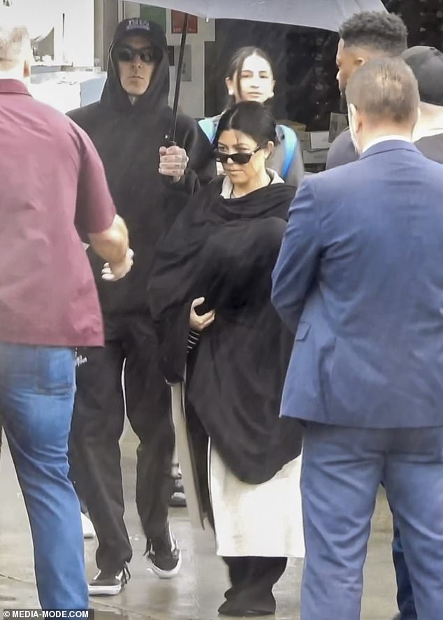 Kourtney Kardashian landed at Sydney Airport via private jet with her newborn son Rocky and husband Travis Barker on Tuesday, ahead of his band's highly anticipated blink-182 tour in Australia