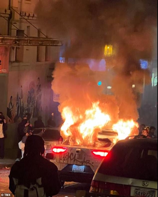 Locals set this Waymo Jaguar on fire during San Francisco's Lunar New Year celebration on February 10