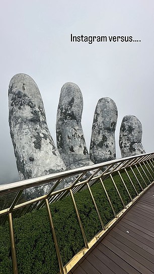 The Singapore-based blonde shared two images of the picturesque bridge (pictured) on Instagram Stories on Tuesday, before contrasting it with a photo of the swarms of people also on tour