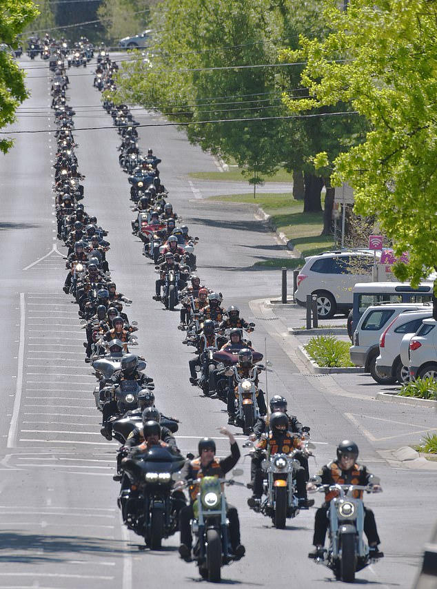 Police were questioned about possible links between Samantha Murphy's disappearance and cycling.  Ballarat is the meeting point for the Bandidos (pictured last year during the national run in Ballarat)