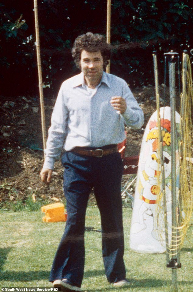 Fred West walks in the garden of 25 Cromwell Street, where he and his wife buried the bodies of their victims