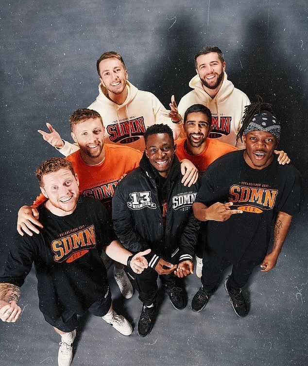 Fans of The Sidemen (pictured) are furious as the group's Netflix documentary is only available in Britain and Ireland.  Pictured: Simon Minter (back left), Joshua Bradley (back right), Harry Lewis (center left), Vikram Barn (center right), Ethan Payne (front left), Tobi Brown (center) and Olajide Olatunji (front right)