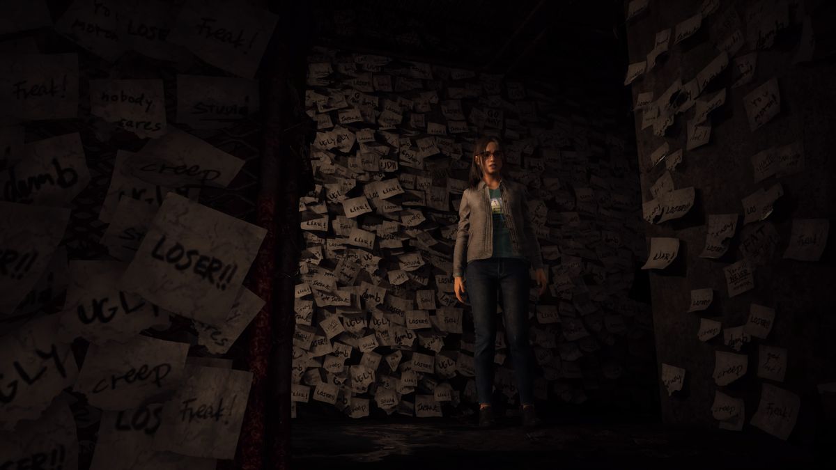 Anita stares into space in a hallway full of notes with insults, like 'Loser' in Silent Hill: The Short Message.