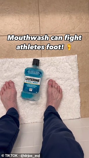 In one video, Dr. Whittington shows a close-up of his feet and a bottle of Listerine mouthwash