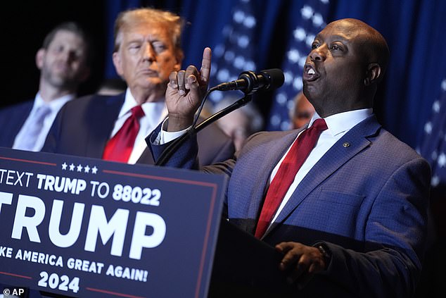 Scott speaks at Trump's election night party in South Carolina on Saturday after Trump won the state's primary by crushing Nikki Haley in her home state