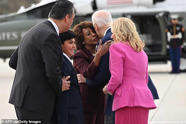 President Joe Biden and First Lady Jill Biden are greeted by (from left) Senator Alex Padilla, his son Diego Cruz Padilla and Representative Maxine Waters after arriving in Los Angeles