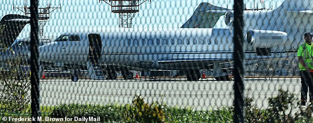 Taylor Swift has landed in Las Vegas, two and a half hours before the Super Bowl.  Pictured is her private jet in LA shortly before she left