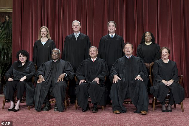 Supreme Court justices (pictured) will hear arguments from both sides on whether Trump is no longer eligible to become president and can be kept off the ballot