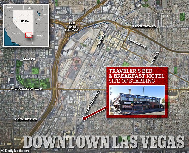 The stabbing happened Sunday evening at the lobby motel on the 1500 block of South Las Vegas Boulevard, between the Strip and downtown Las Vegas.