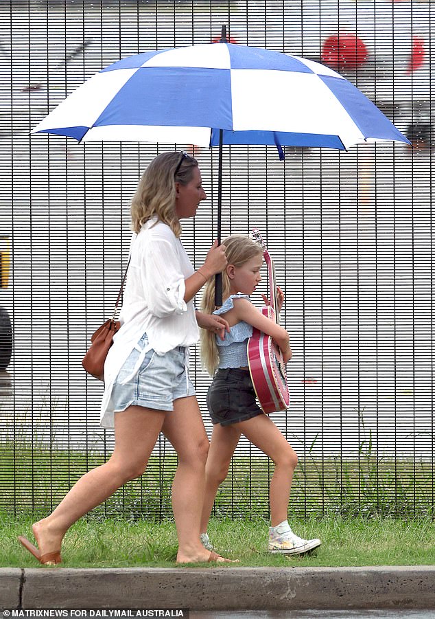 Fans were seen taking shelter under umbrellas as they arrived at Sydney Airport to welcome Taylor Swift