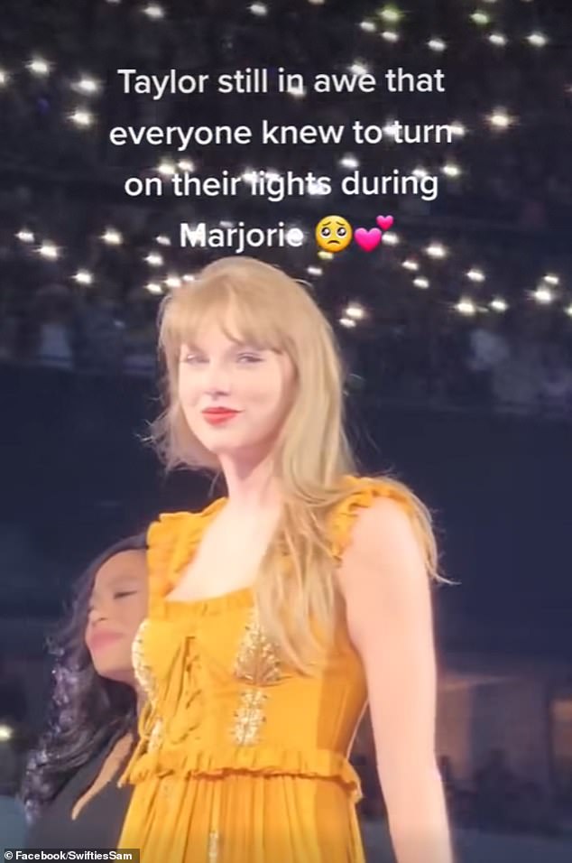 Taylor Swift, 33, (pictured) got emotional over her Australian fans' sweet gesture as she sang a song about her late grandmother Majorie Finlay during one of her Eras Tour concerts in Sydney