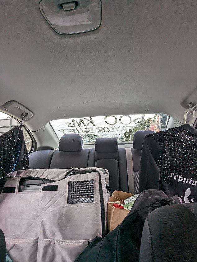 The fans shared photos of their luggage and bejeweled costumes in the backseat of the car