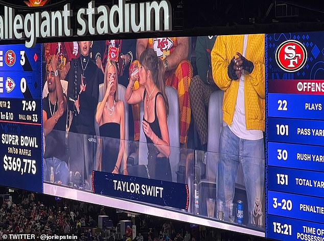 Taylor Swift was spotted knocking back a drink on the jumbotron during Super Bowl LVIII